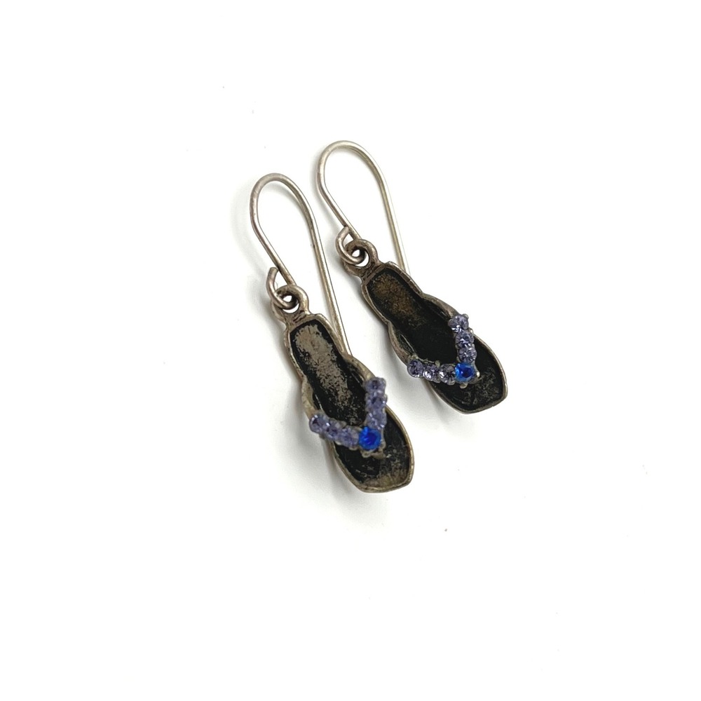 Vintage Flip Flop Dangle Earrings Silver Tone Purple Blue Rhinestone Sandals